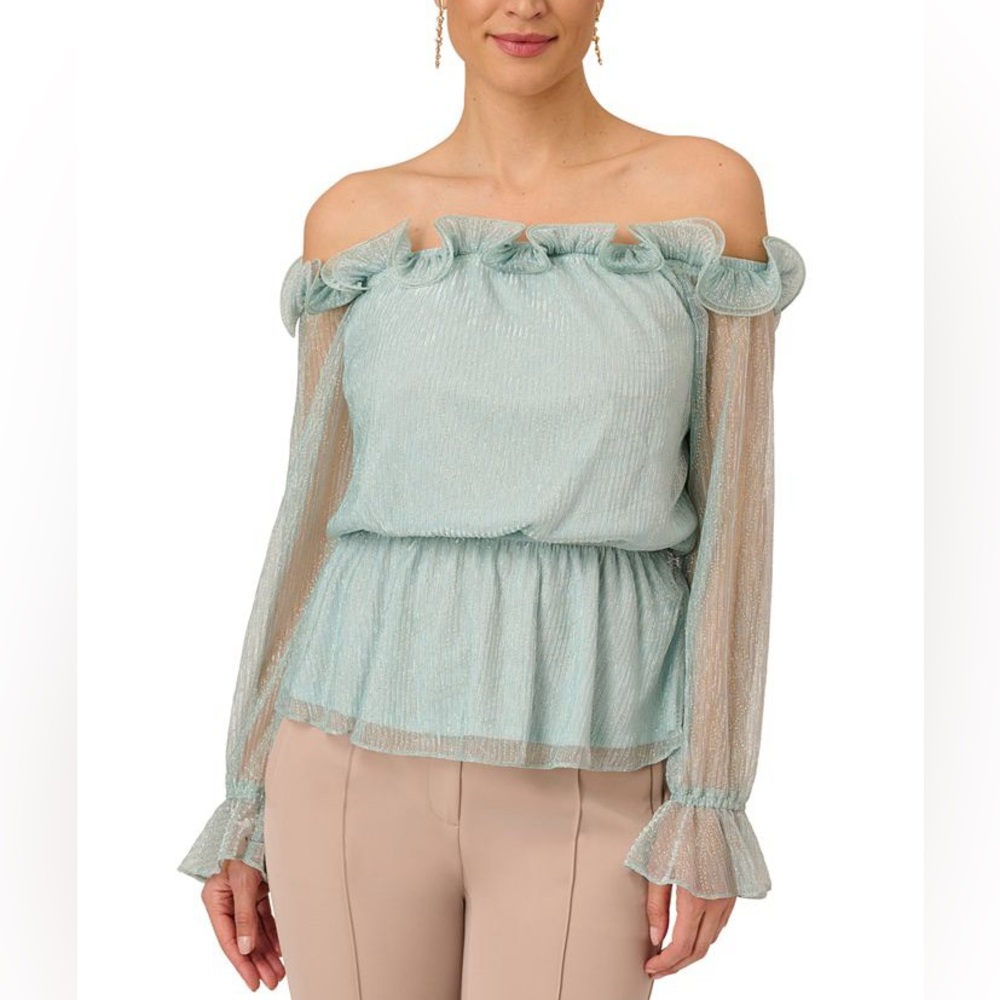 Adrianna Papell Mint Smoke metallic mesh off the shoulder ruffle blouse size 2